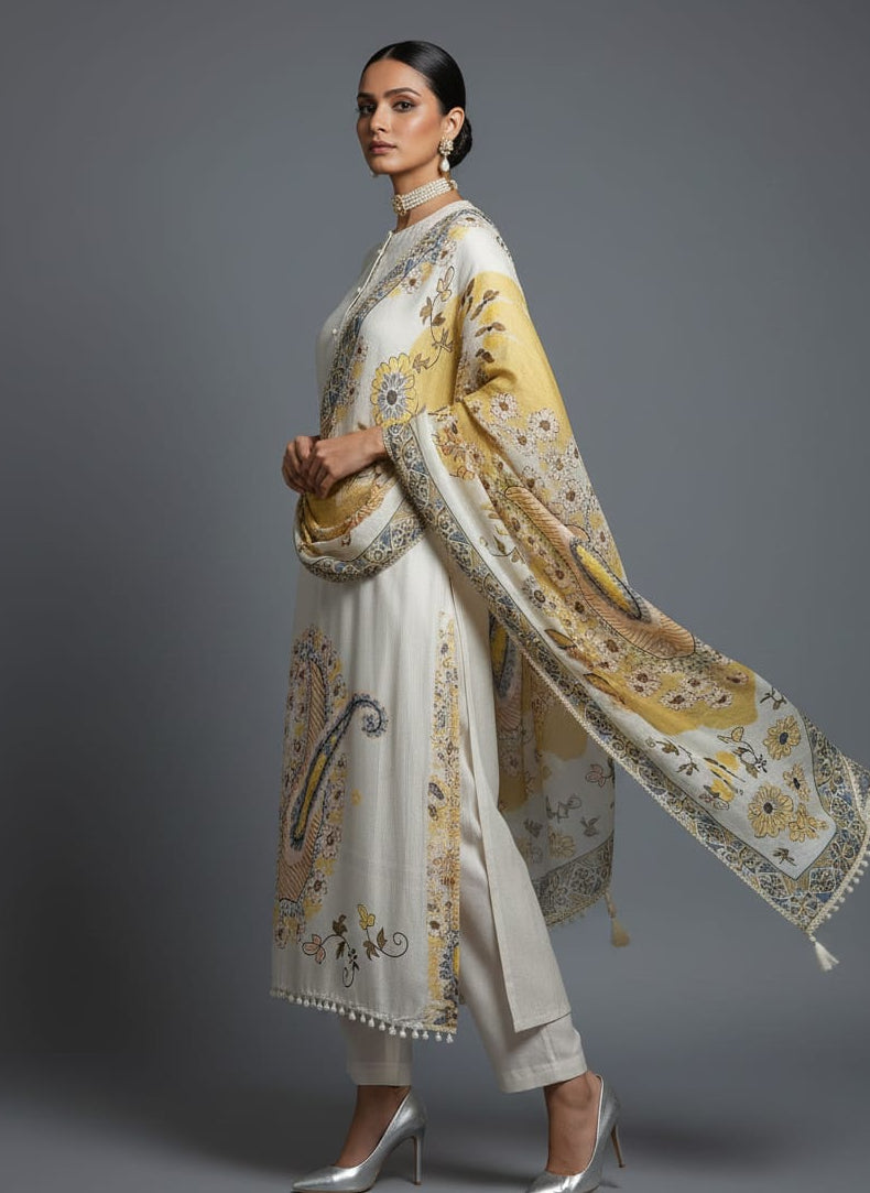 Woman wearing a white traditional outfit with a large embroidered yellow dupatta on a gray background