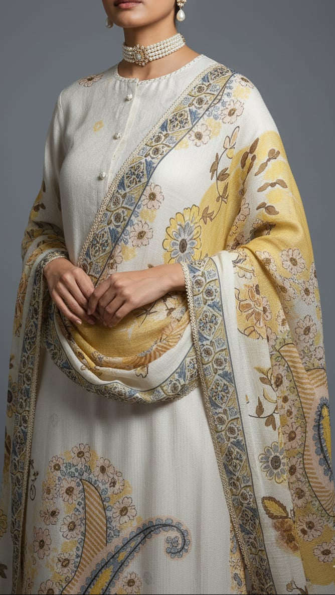 Woman wearing a white traditional outfit with a large embroidered yellow dupatta on a gray background