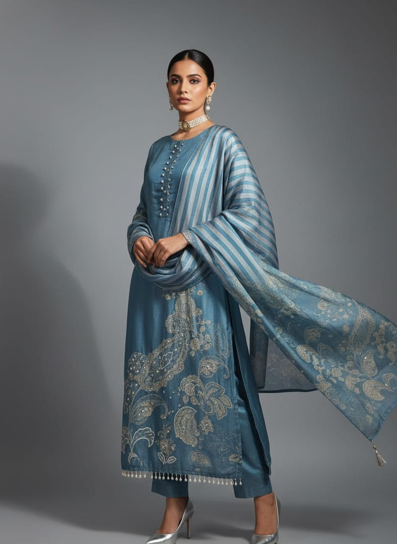 Woman wearing a blue traditional outfit with a matching Dupatta on a gray background