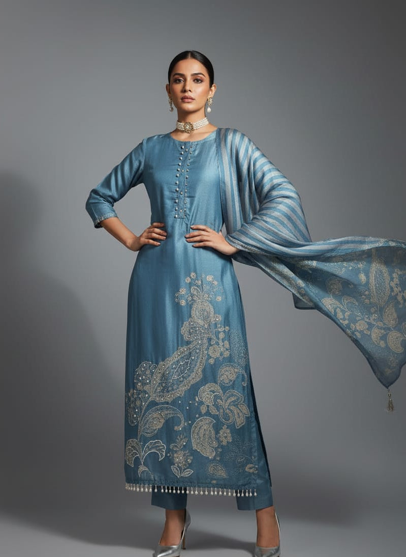 Woman wearing a blue traditional outfit with a matching Dupatta on a gray background