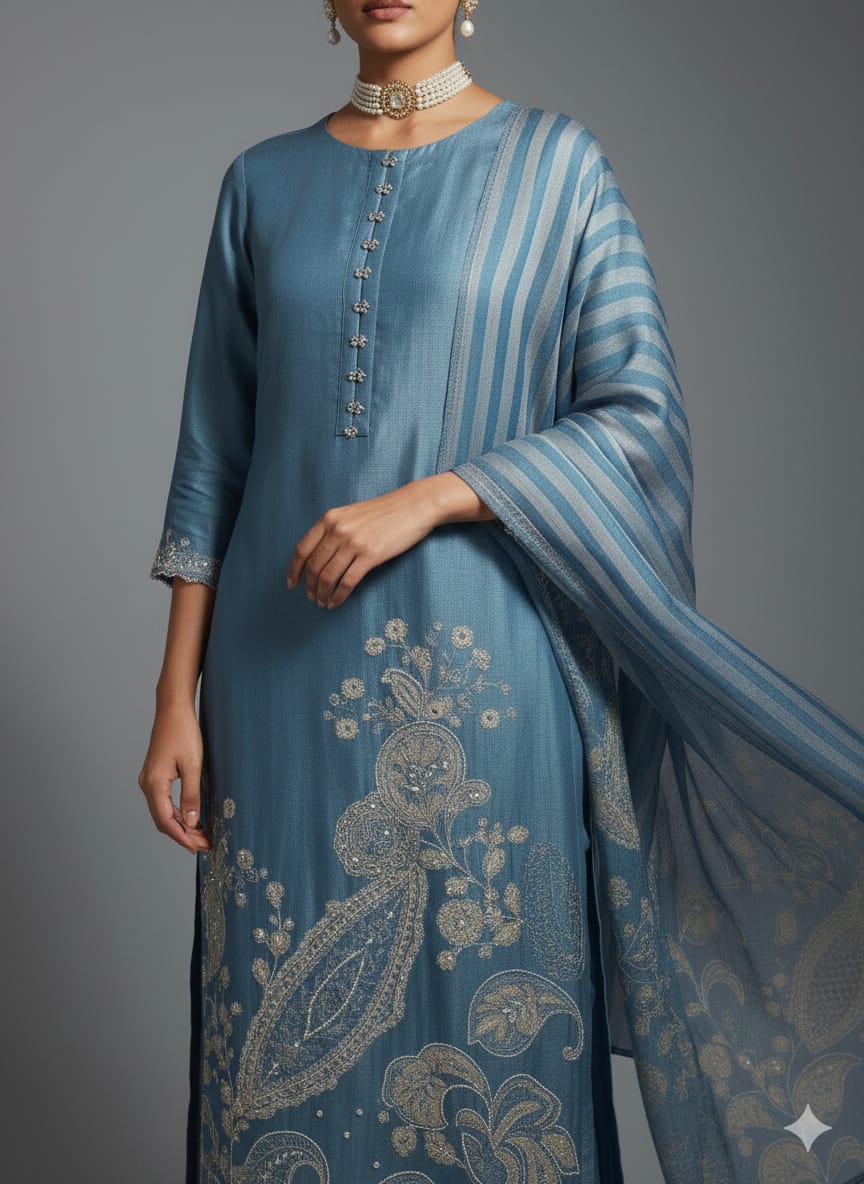 Woman wearing a blue traditional outfit with a matching Dupatta on a gray background
