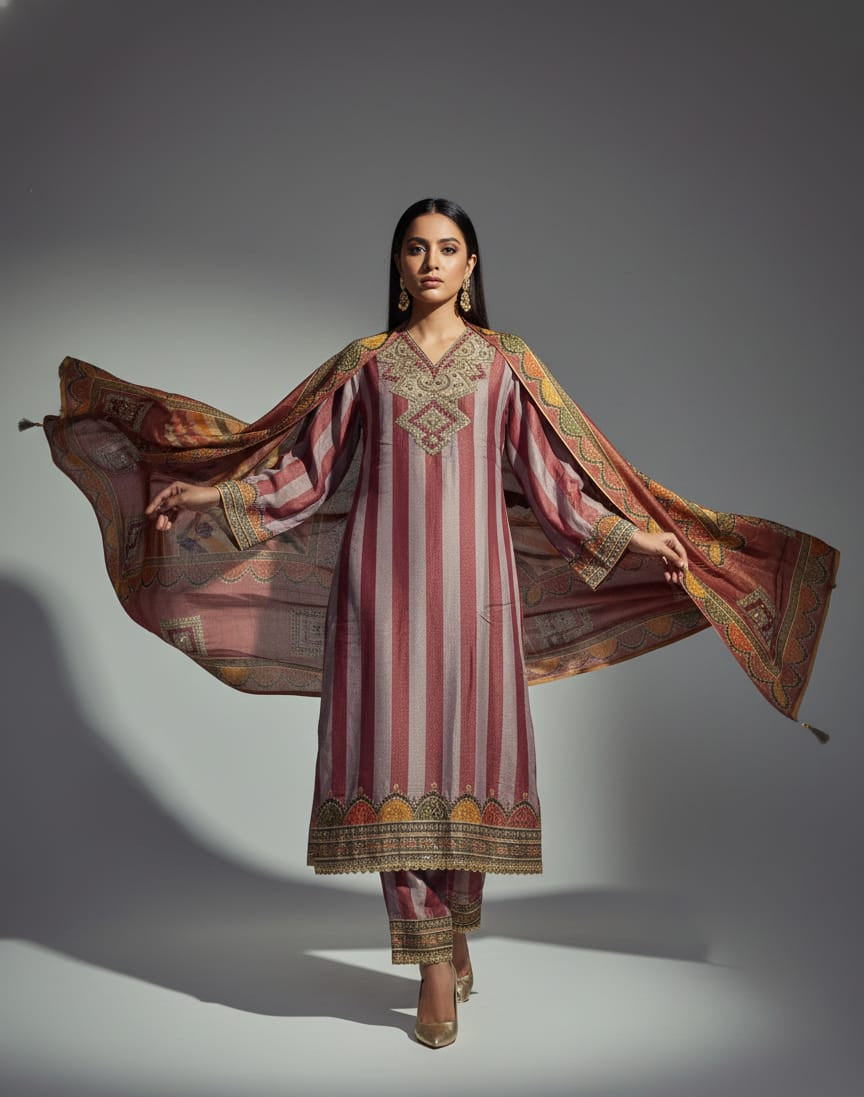 Woman wearing a traditional outfit with a patterned shawl on a gray background