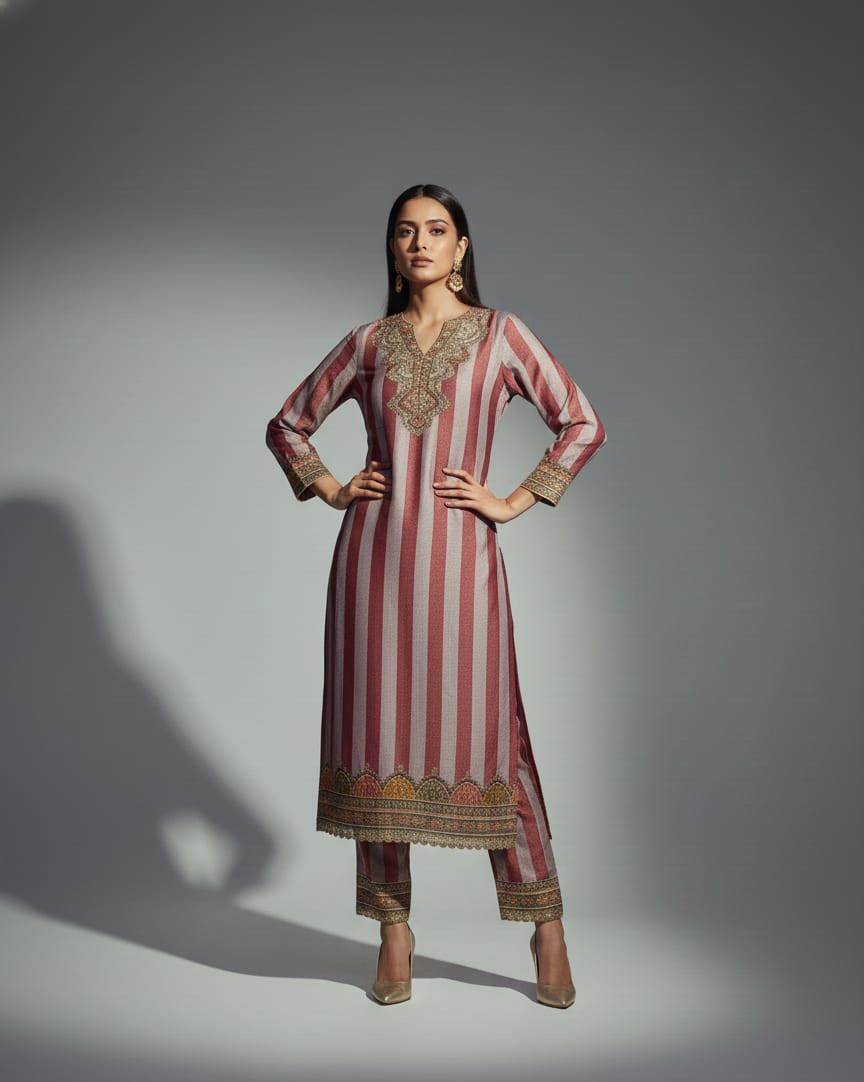 Woman wearing a traditional outfit with red and white stripes on a gray background