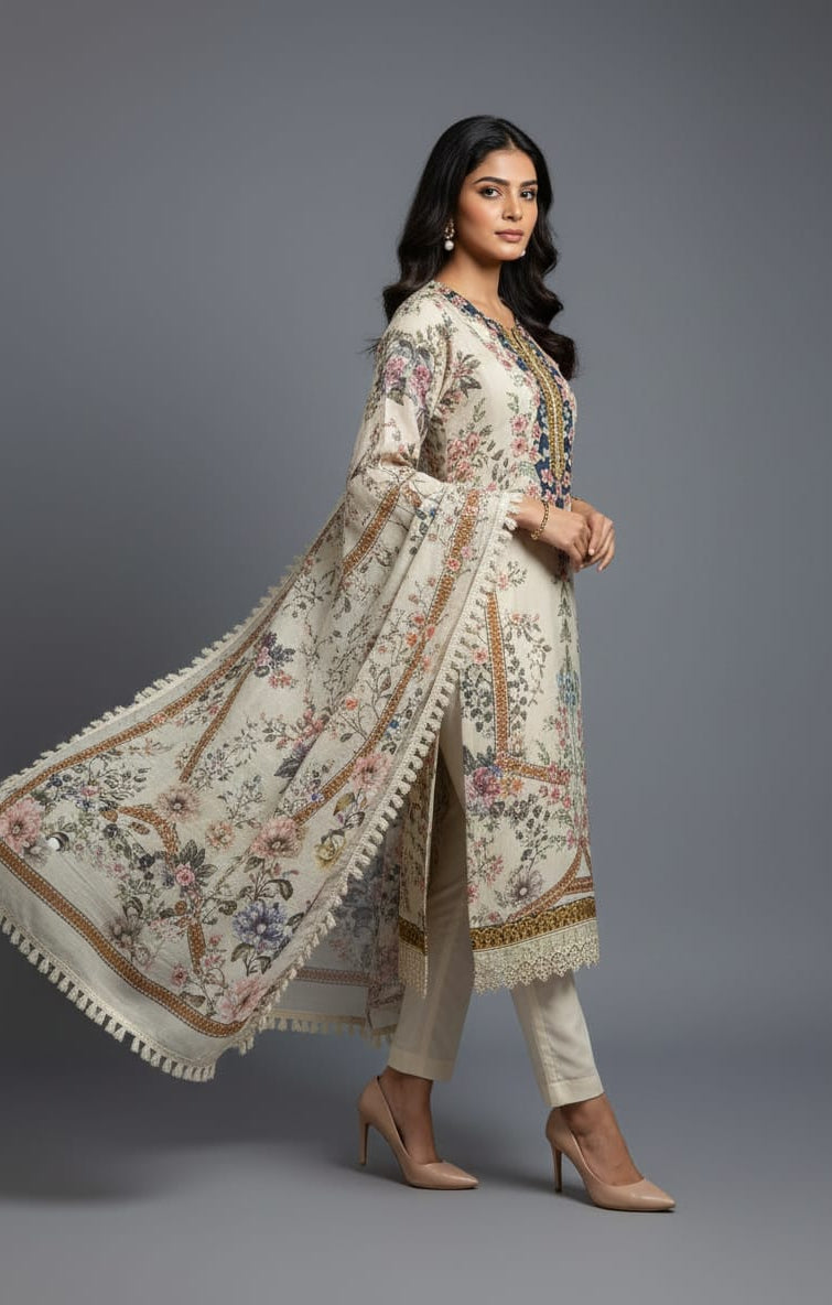 Woman wearing a floral embroidered outfit on a gray background