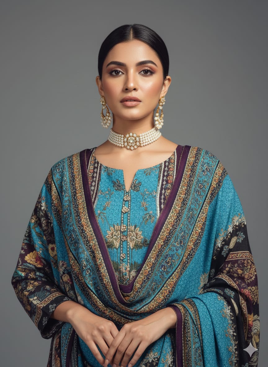 Woman wearing a colorful traditional outfit with a patterned shawl on a gray background