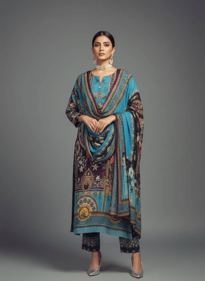 Woman wearing a colorful traditional outfit with a patterned shawl on a gray background