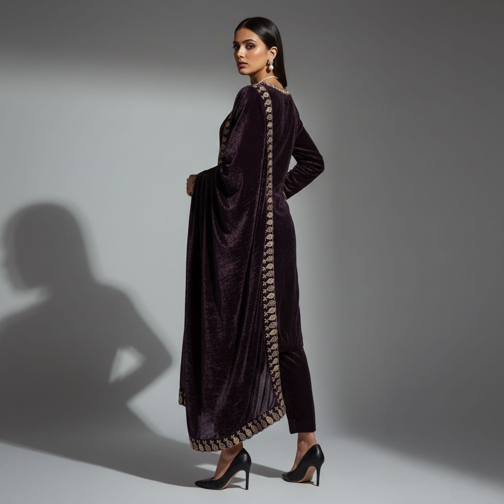 Woman wearing a dark purple traditional outfit with intricate patterns on a gray background