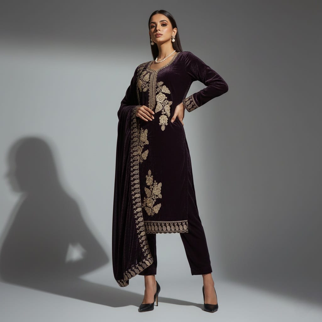 Woman wearing a dark purple embroidered outfit on a gray background