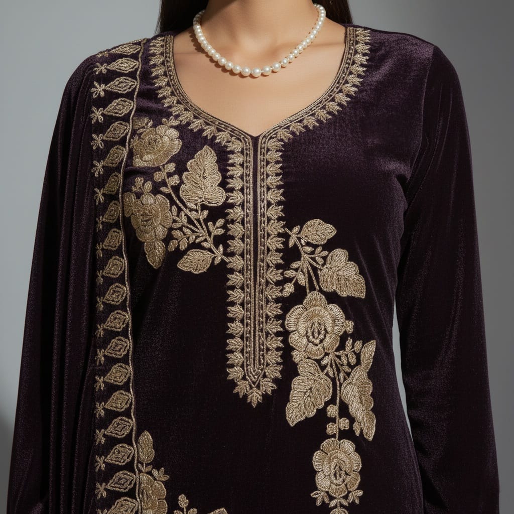 Dark purple embroidered garment with gold patterns on a gray background