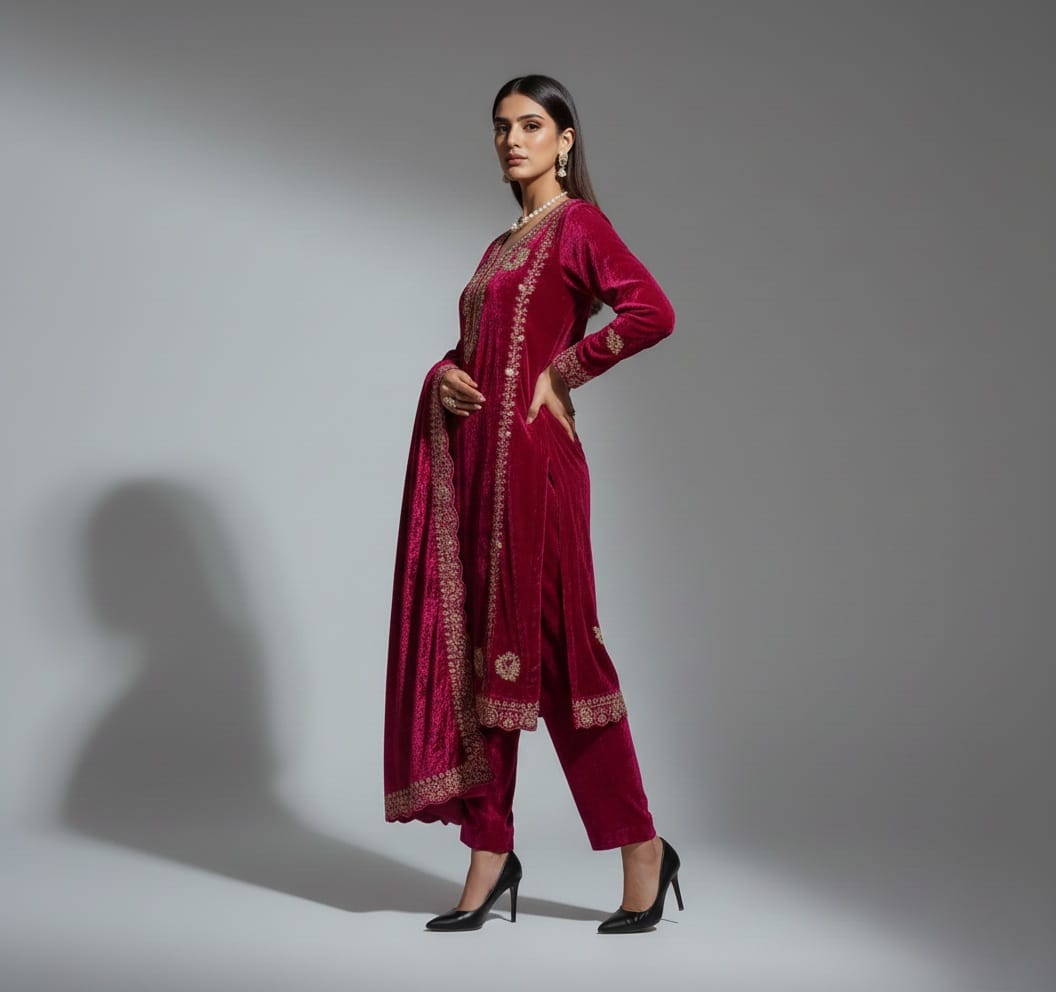Woman wearing a maroon traditional outfit with gold embroidery against a gray background