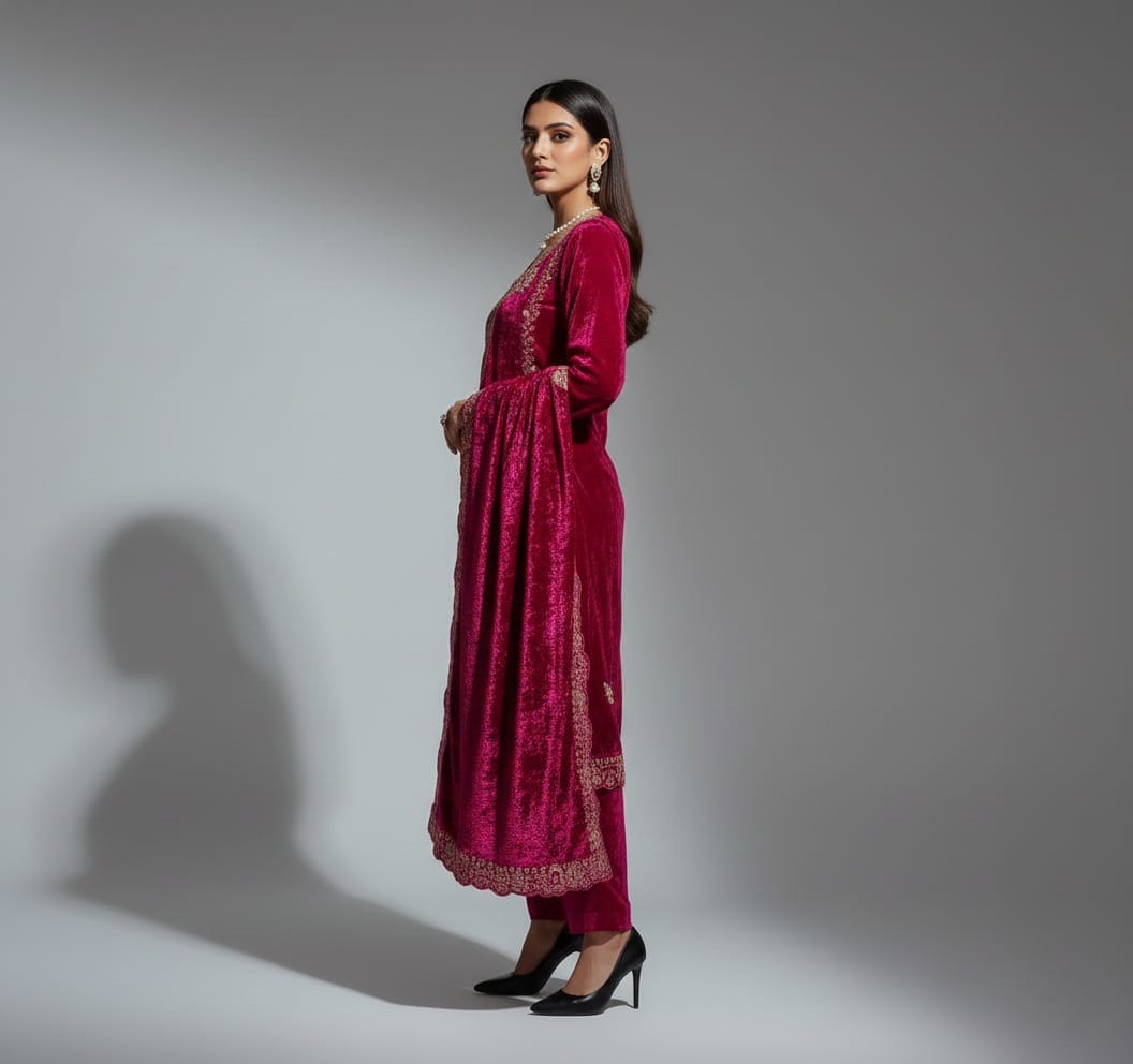 Woman wearing a long, burgundy embroidered dress against a gray background