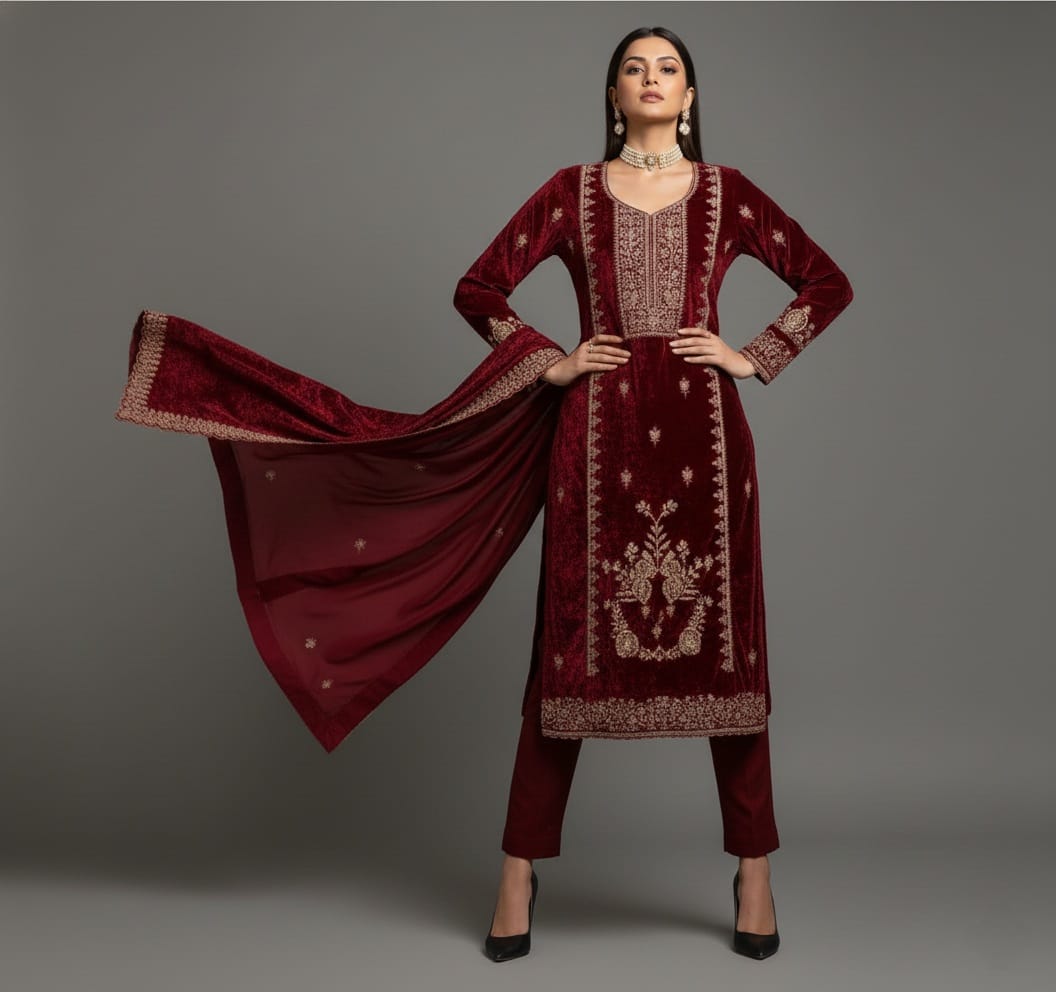Woman wearing a maroon embroidered traditional outfit on a gray background