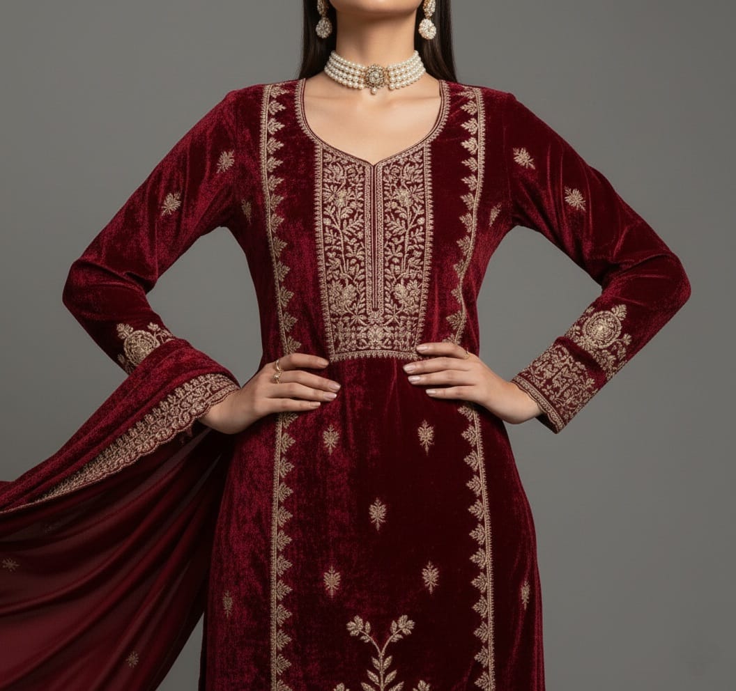 Maroon velvet outfit with intricate gold embroidery on a gray background