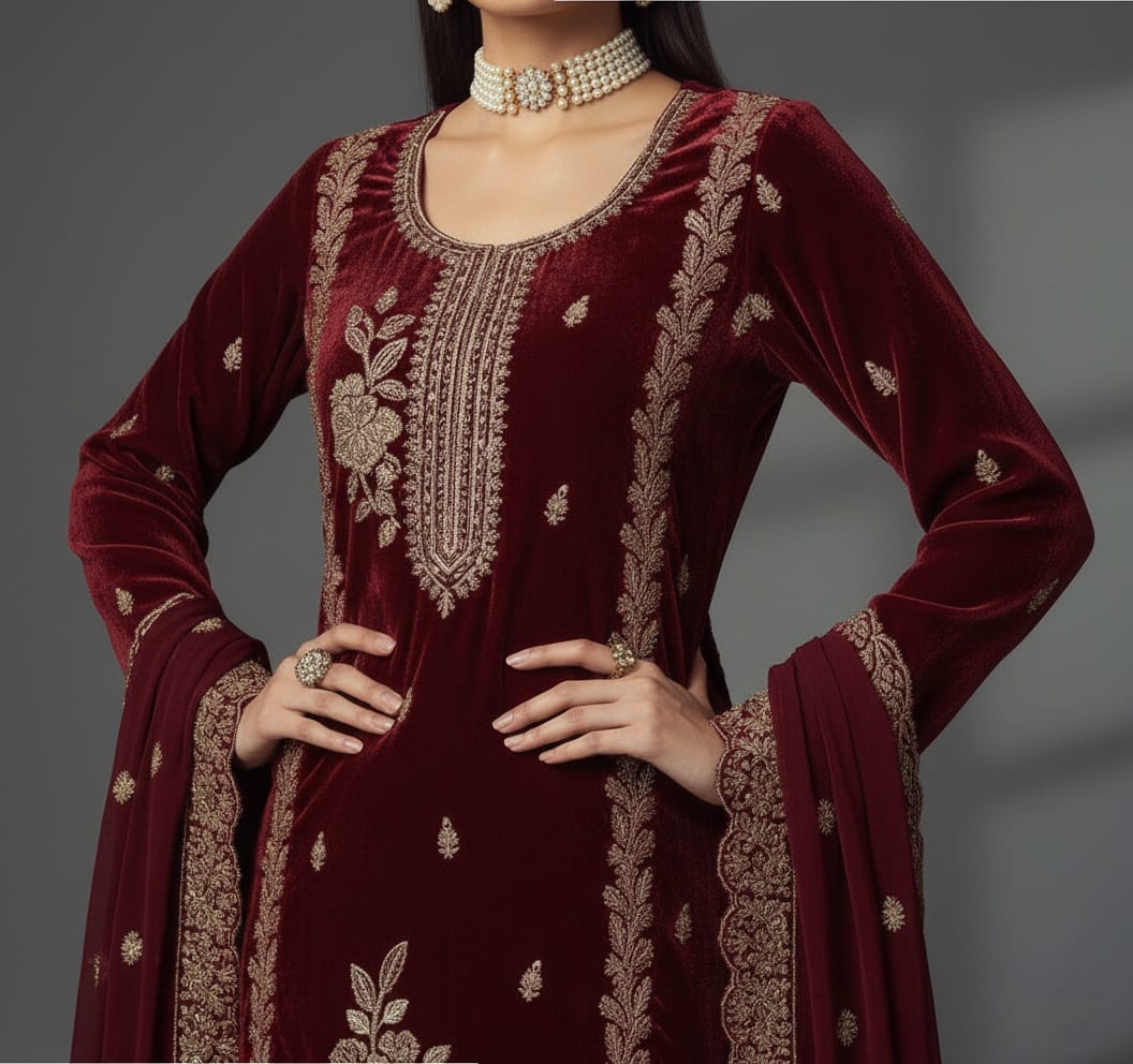 Maroon velvet outfit with intricate gold embroidery on a gray background
