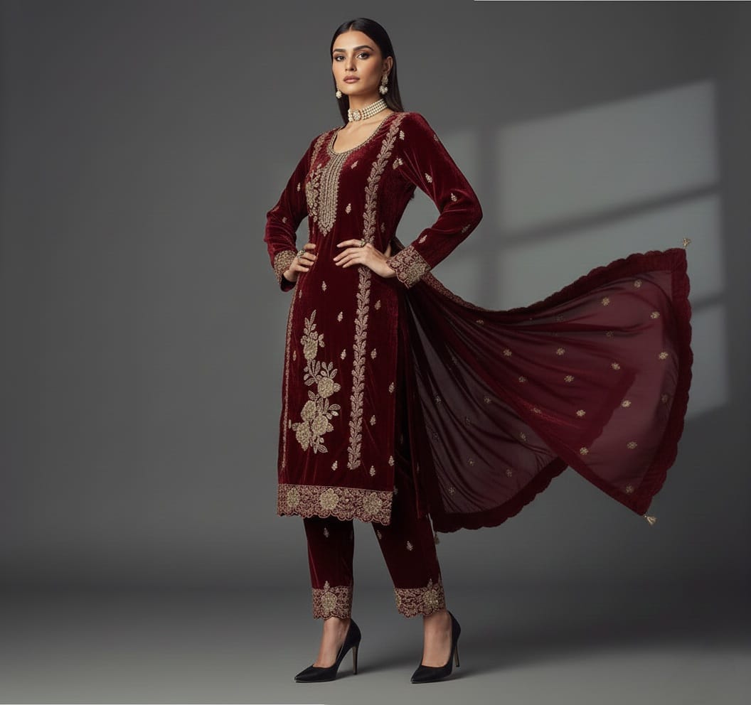 Woman wearing a maroon embroidered traditional outfit with a flowing drape on a gray background