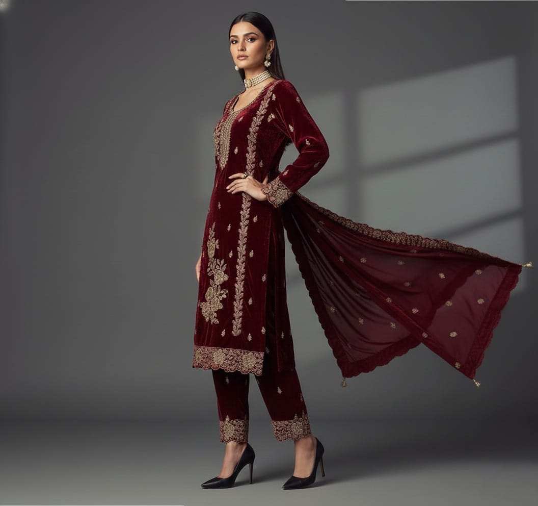 Woman wearing a maroon embroidered traditional outfit on a gray background