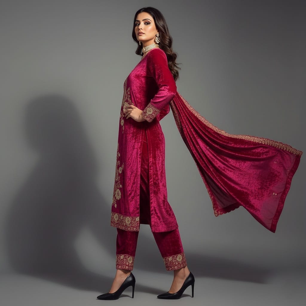 Woman wearing a maroon traditional outfit with gold embroidery on a gray background
