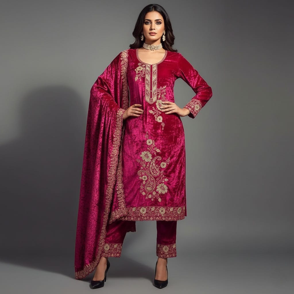 Woman wearing a vibrant pink traditional outfit with intricate patterns on a gray background