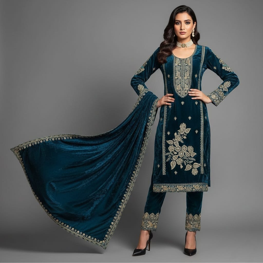 Woman wearing a teal embroidered traditional outfit on a gray background