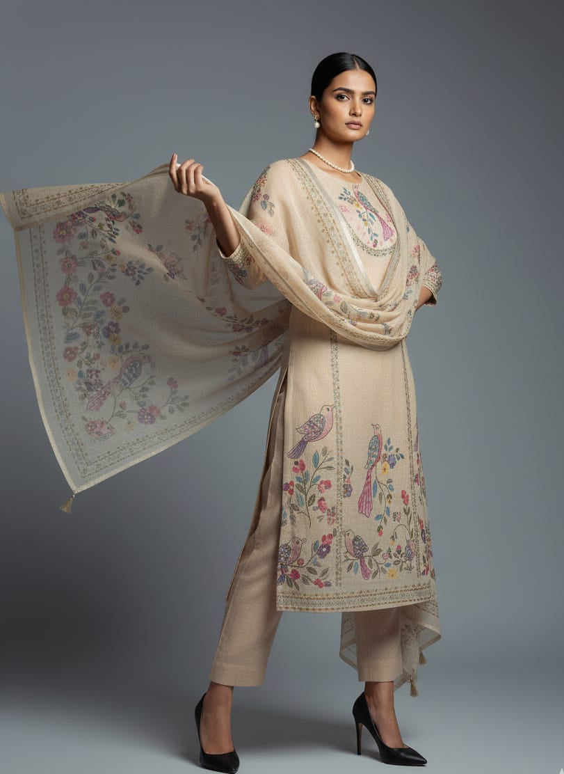 Woman wearing a traditional embroidered outfit with a shawl on a gray background