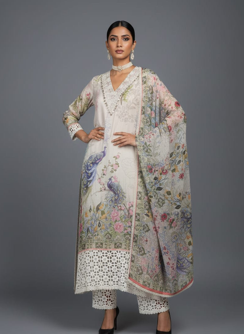 Woman wearing a floral and bird-patterned traditional outfit With matching dupatta against a gray background