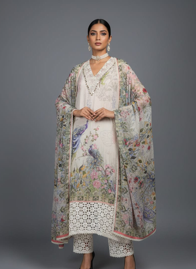 Woman wearing a floral and bird-patterned traditional outfit With matching dupatta against a gray background