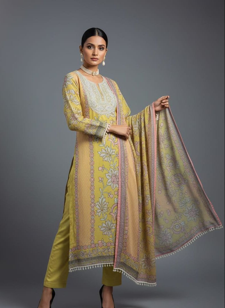Woman in a yellow and beige traditional outfit with a matching dupatta on a gray background