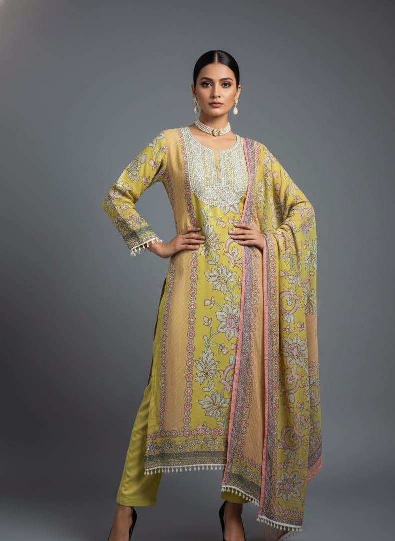 Woman wearing a yellow embroidered traditional outfit with a long scarf on a gray background