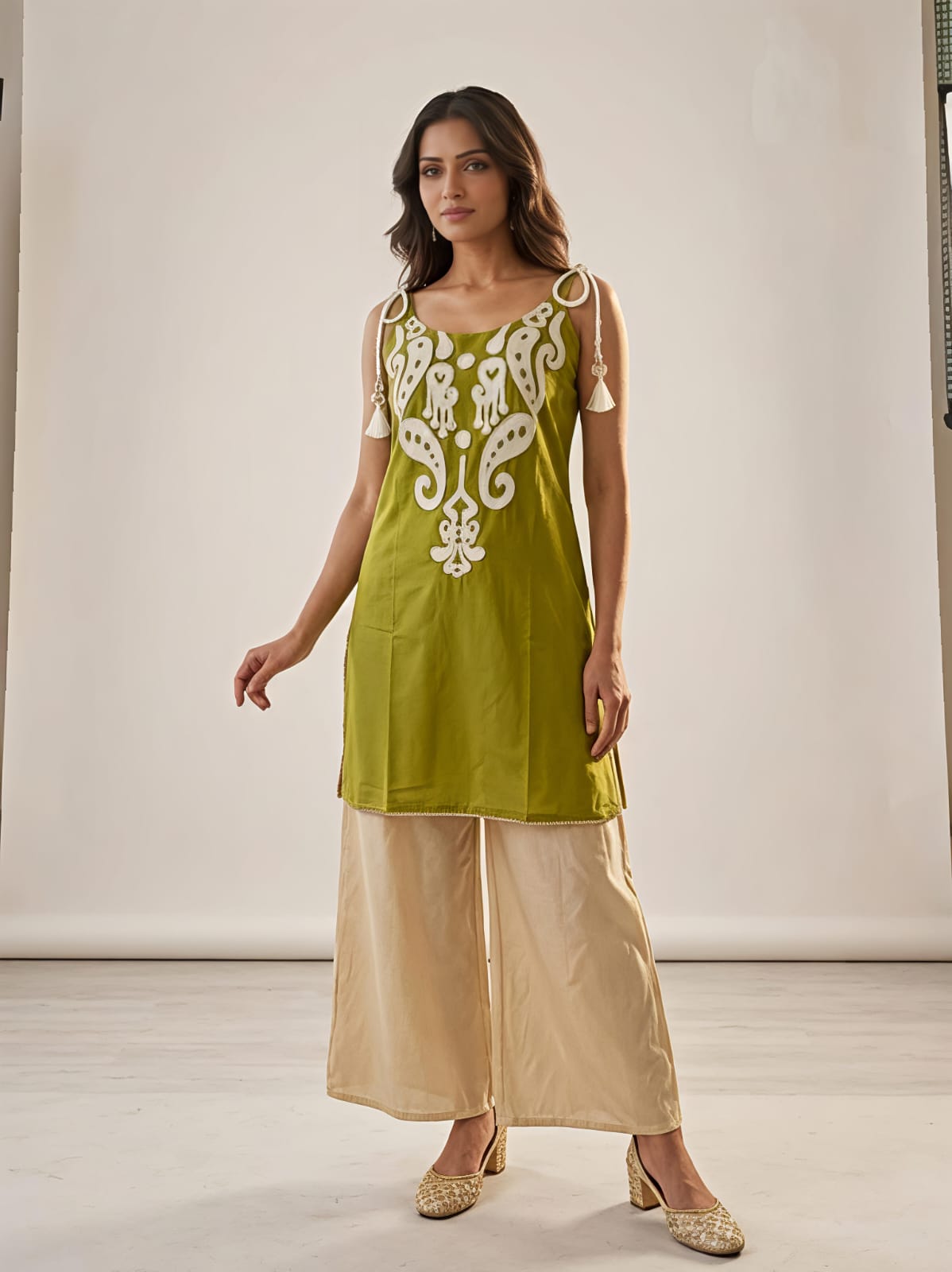 Roohani Olive Ethnic Cotton Co-ord Set For Women