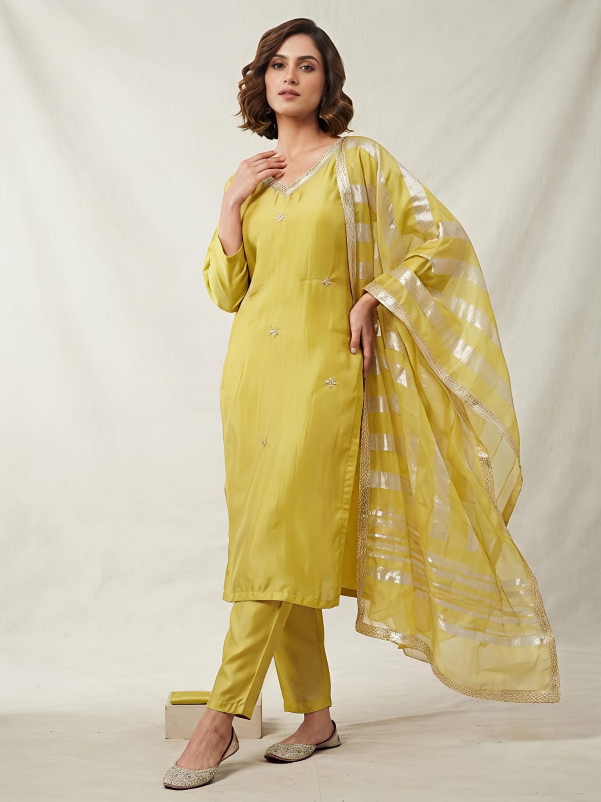 Yellow  Blossom Embroidered Designer Suit Set with Organza Dupatta