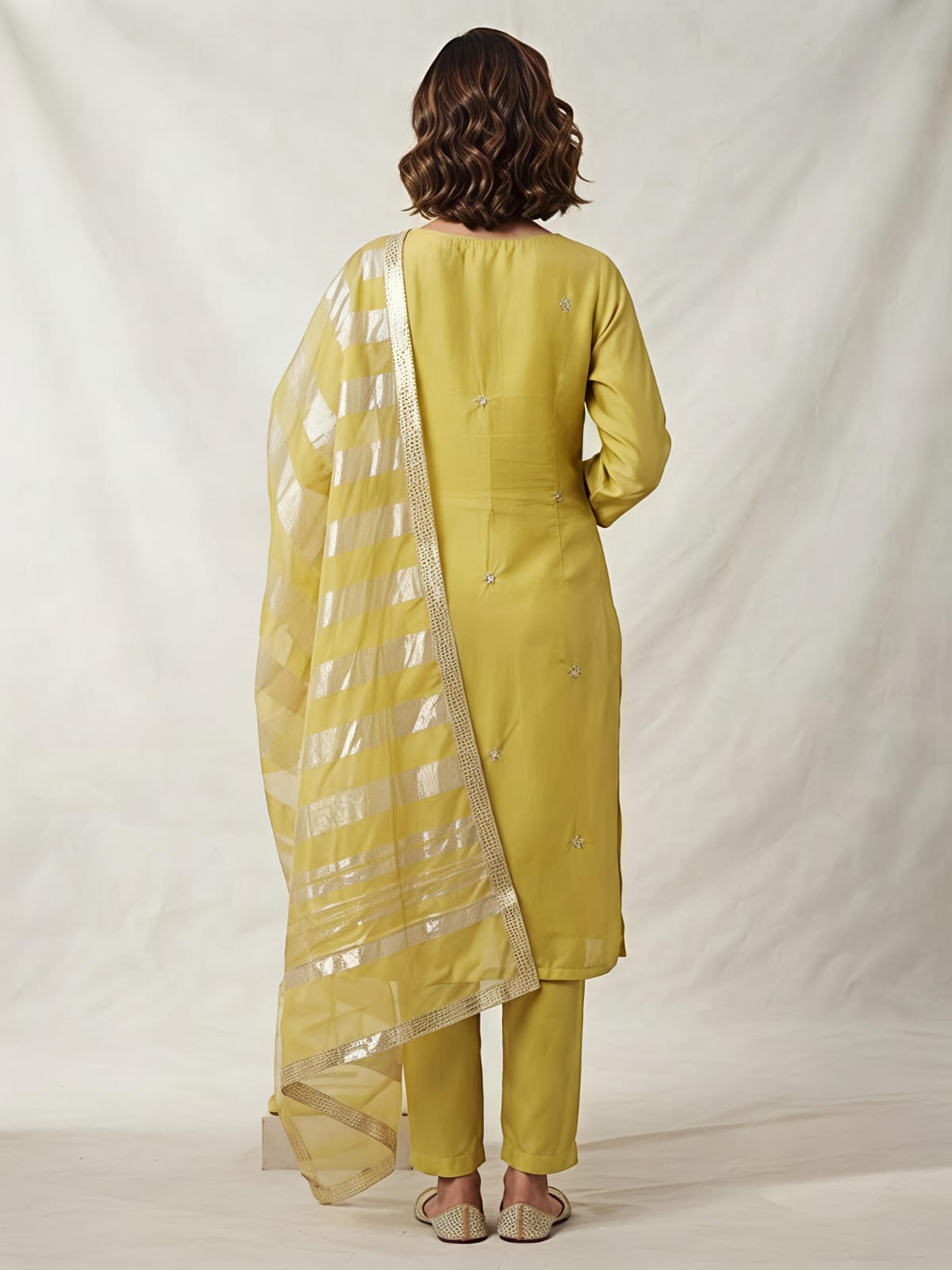 Yellow  Blossom Embroidered Designer Suit Set with Organza Dupatta