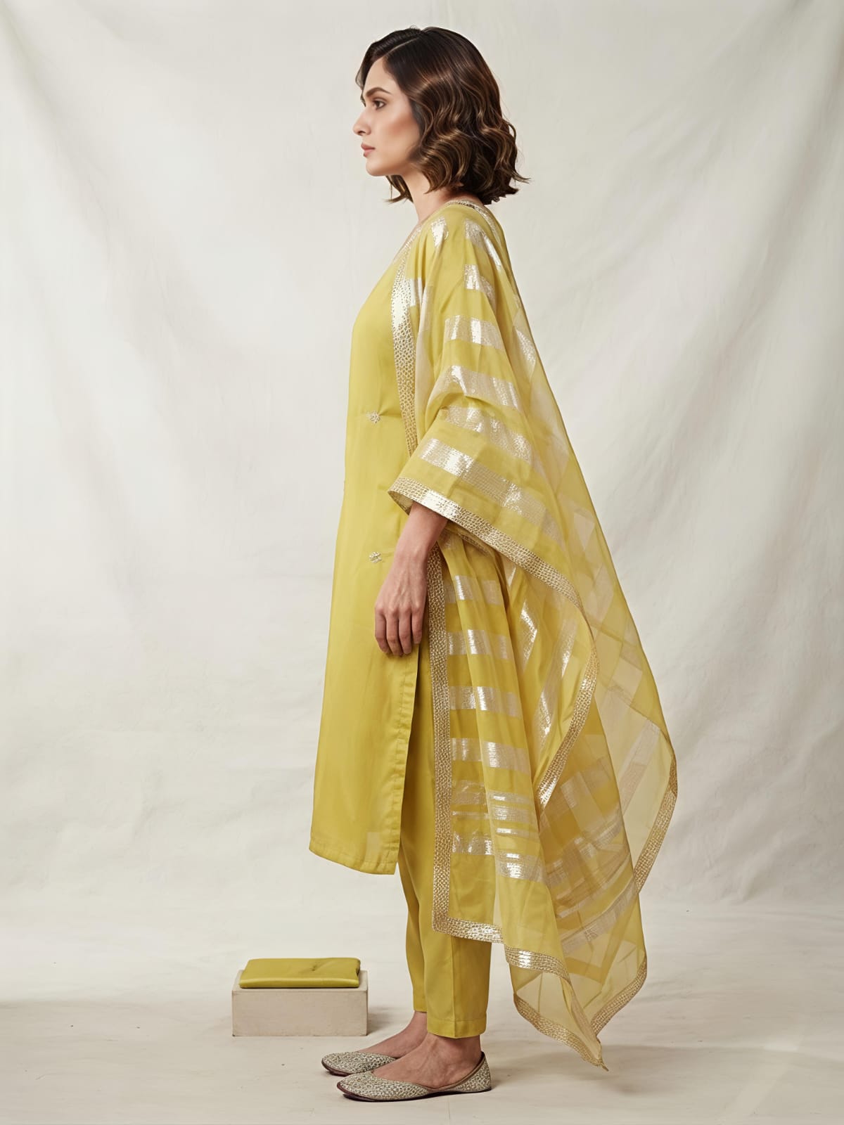 Yellow  Blossom Embroidered Designer Suit Set with Organza Dupatta