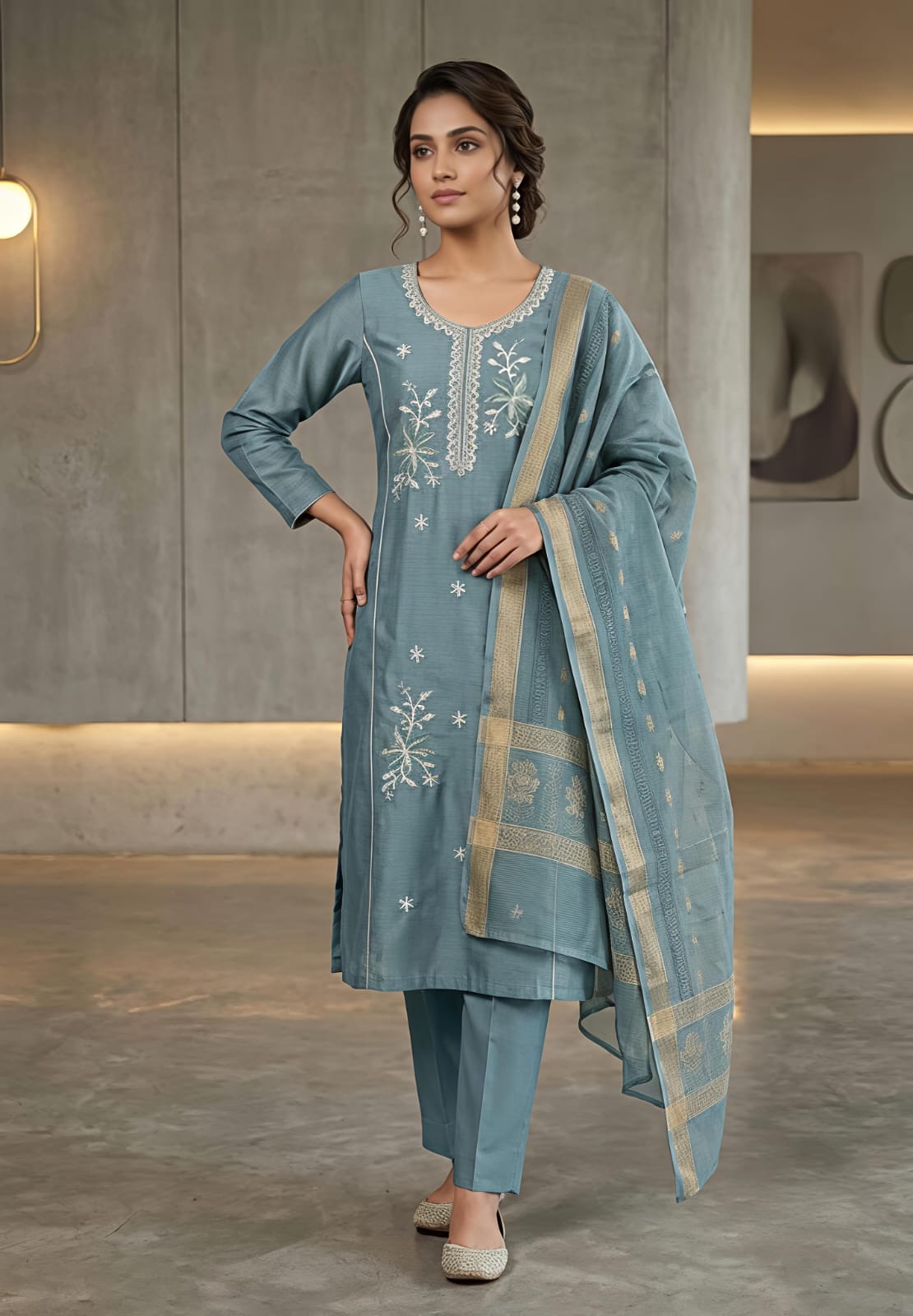 Aqua Blue Mist Elegance Ethnic Suit Set For Women