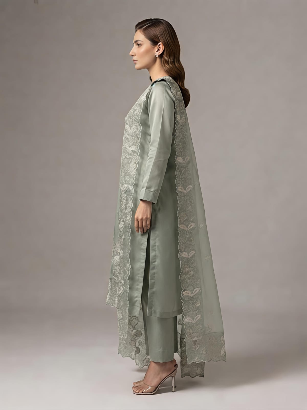 Dusty Green Blossom Embroidered Designer Suit Set with Organza Dupatta