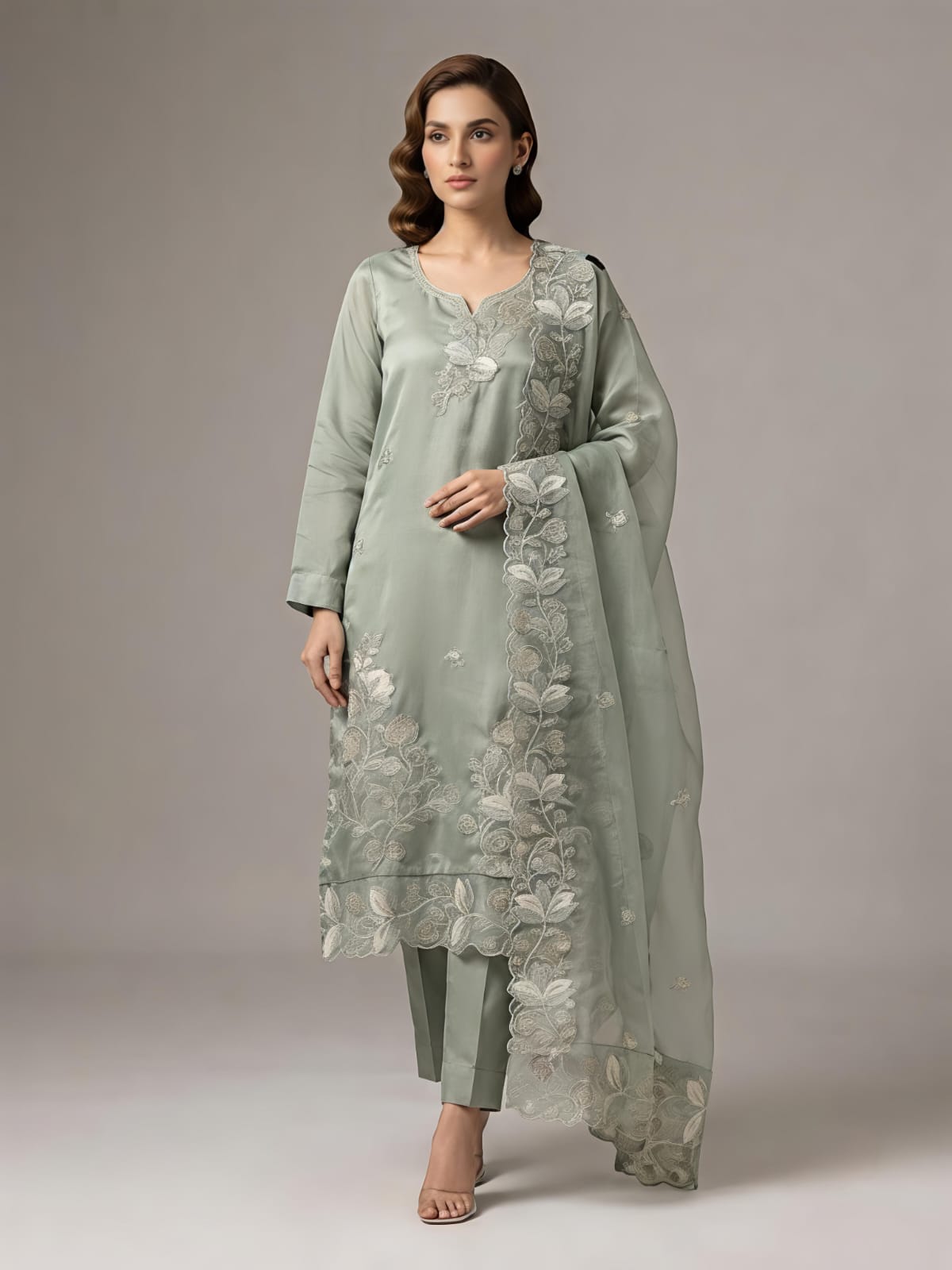Dusty Green Blossom Embroidered Designer Suit Set with Organza Dupatta