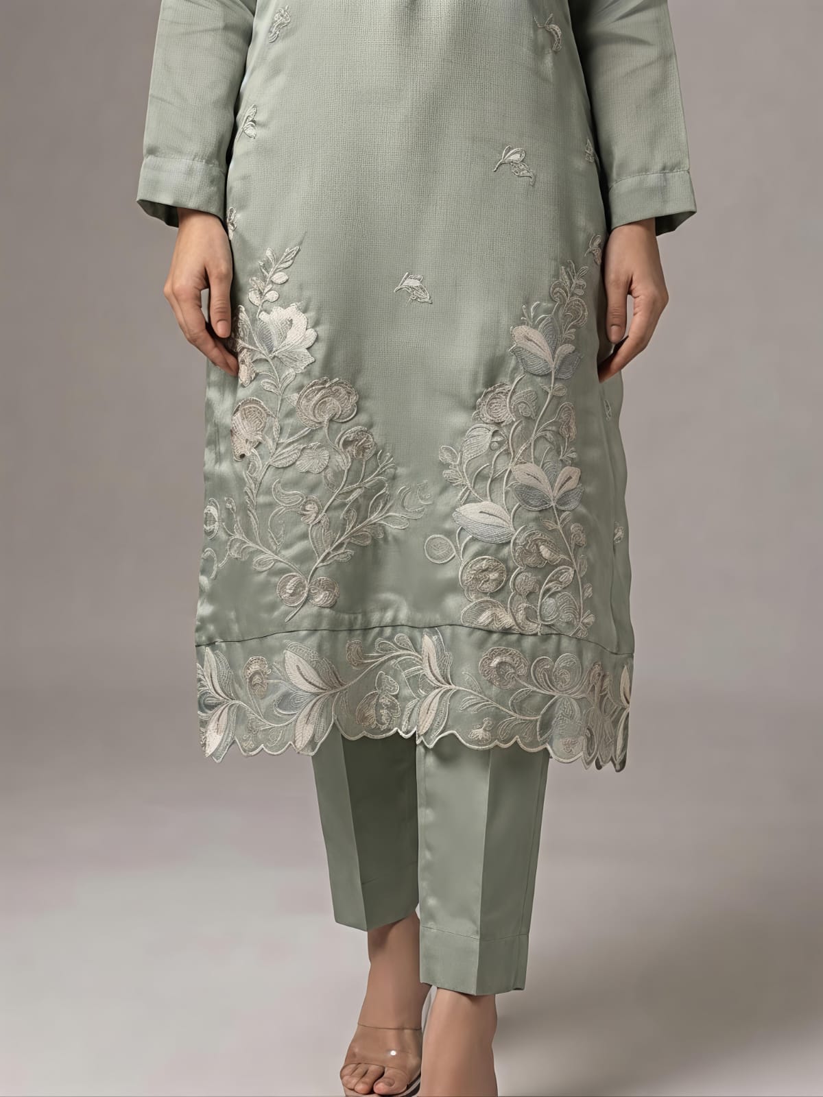 Dusty Green Blossom Embroidered Designer Suit Set with Organza Dupatta