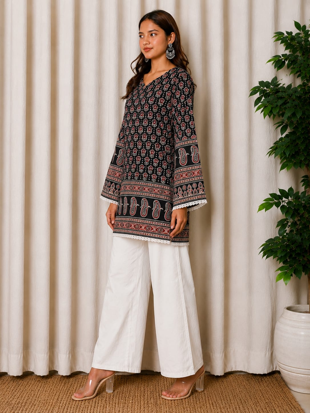 Black Ajrak Printed Cotton Kurti for Women