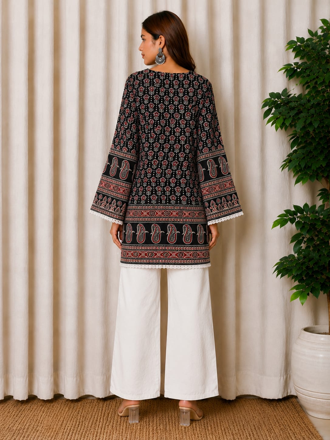 Black Ajrak Printed Cotton Kurti for Women