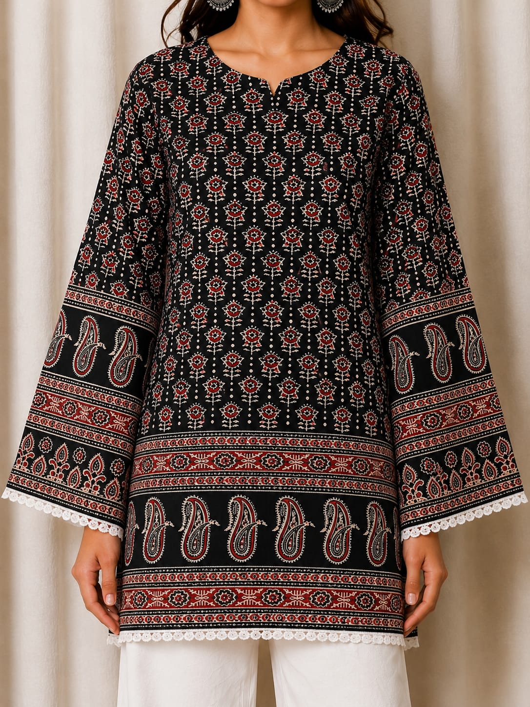 Black Ajrak Printed Cotton Kurti for Women