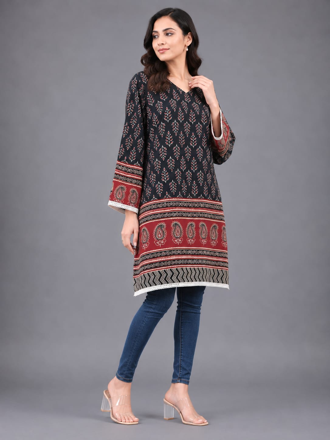 Ethnic Ajrak Printed Cotton Kurti for Women (Black)