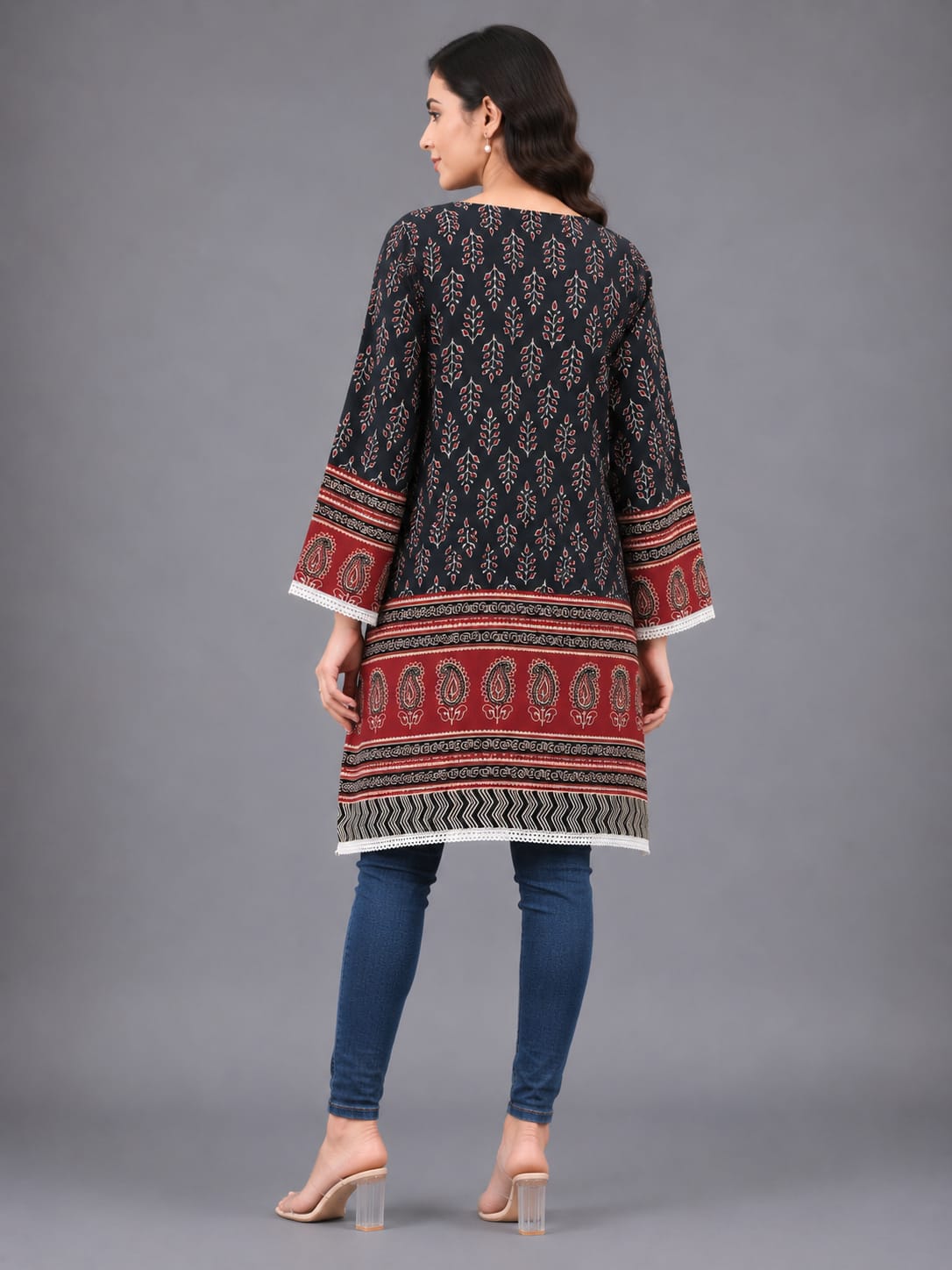 Ethnic Ajrak Printed Cotton Kurti for Women (Black)