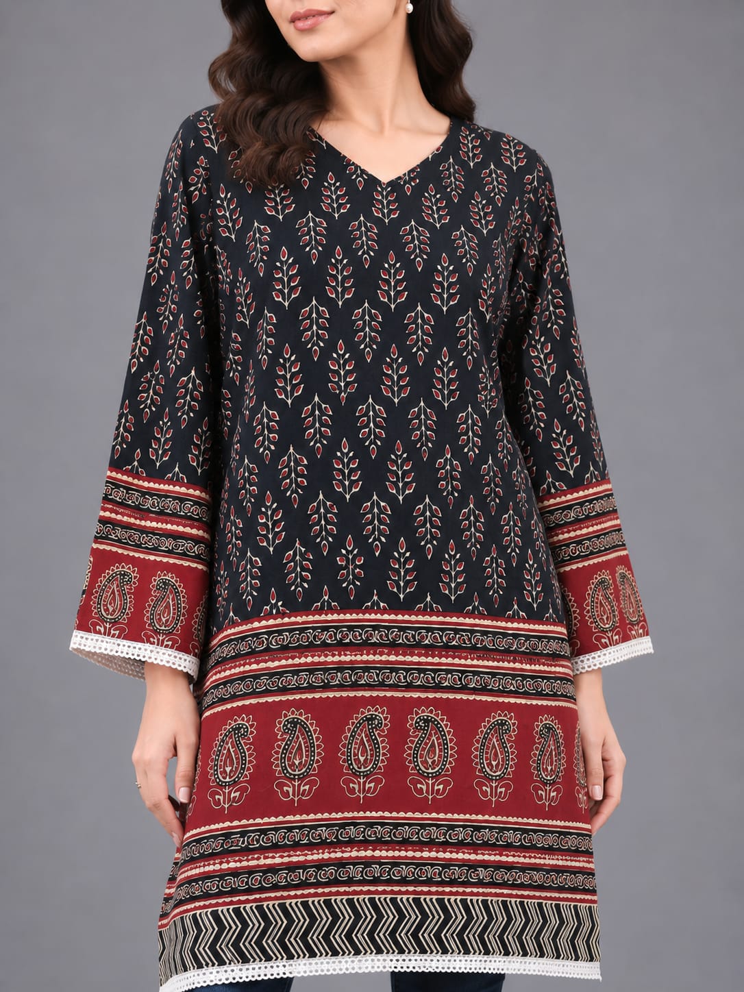 Ethnic Ajrak Printed Cotton Kurti for Women (Black)