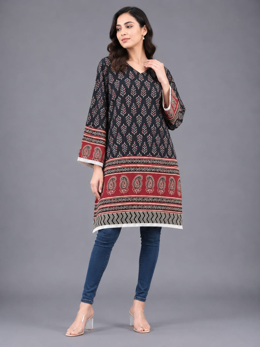 Ethnic Ajrak Printed Cotton Kurti for Women (Black)