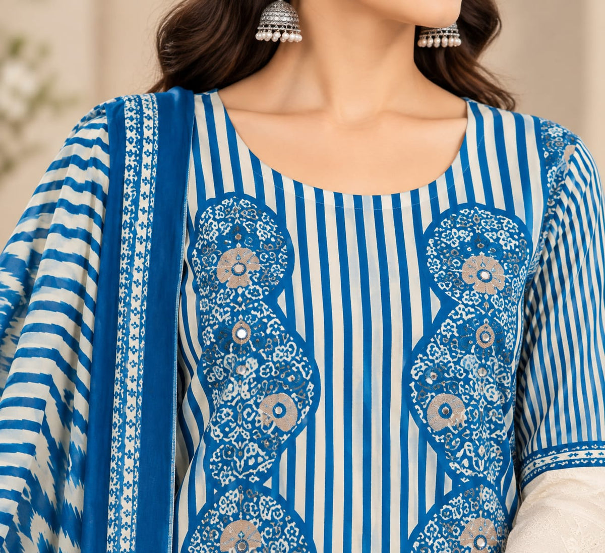 Blue & White Printed Readymade Anarkali Suit Set with Matching Dupatta & Straight Pants for Women