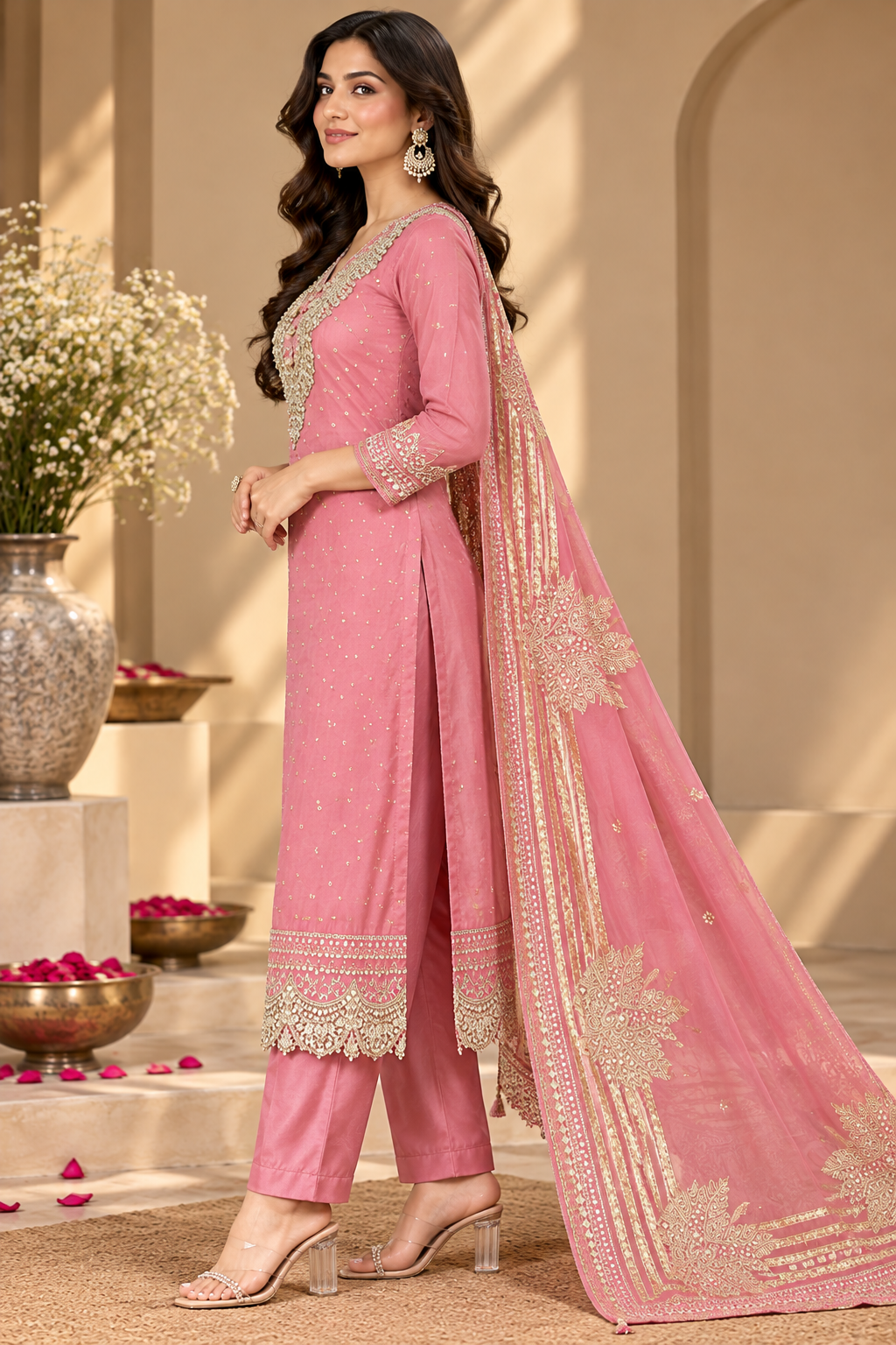 Dusty Pink Designer Unstitched Suit with Embroidered Dupatta | Elegant Ethnic Party Wear Suit