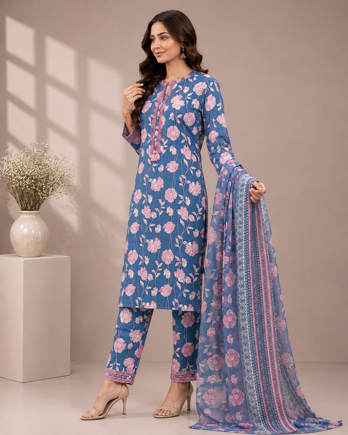 Women’s Blue Floral Printed Jam Satin Unstitched Suit Set with Embroidered Neck, Matching Bottom & Printed Dupatta