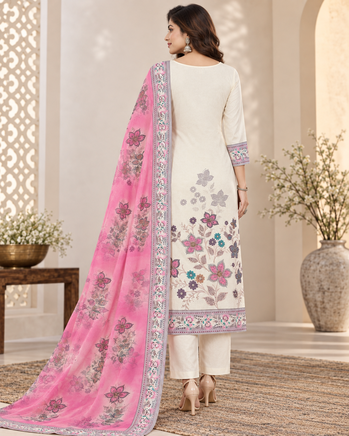 Ivory Floral Printed Suit Fabric, Pink Floral Printed Dupatta Dress Materiall, Designer Fabric Printed Suit Material with Dupatta | Ethnic Dress Material
