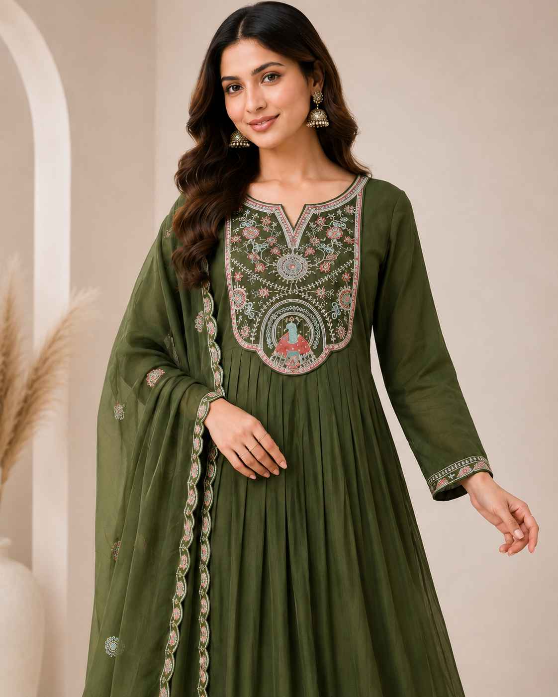 Women’s Olive Green Embroidered Mul Chanderi Alankari Kurta Set with Dupatta