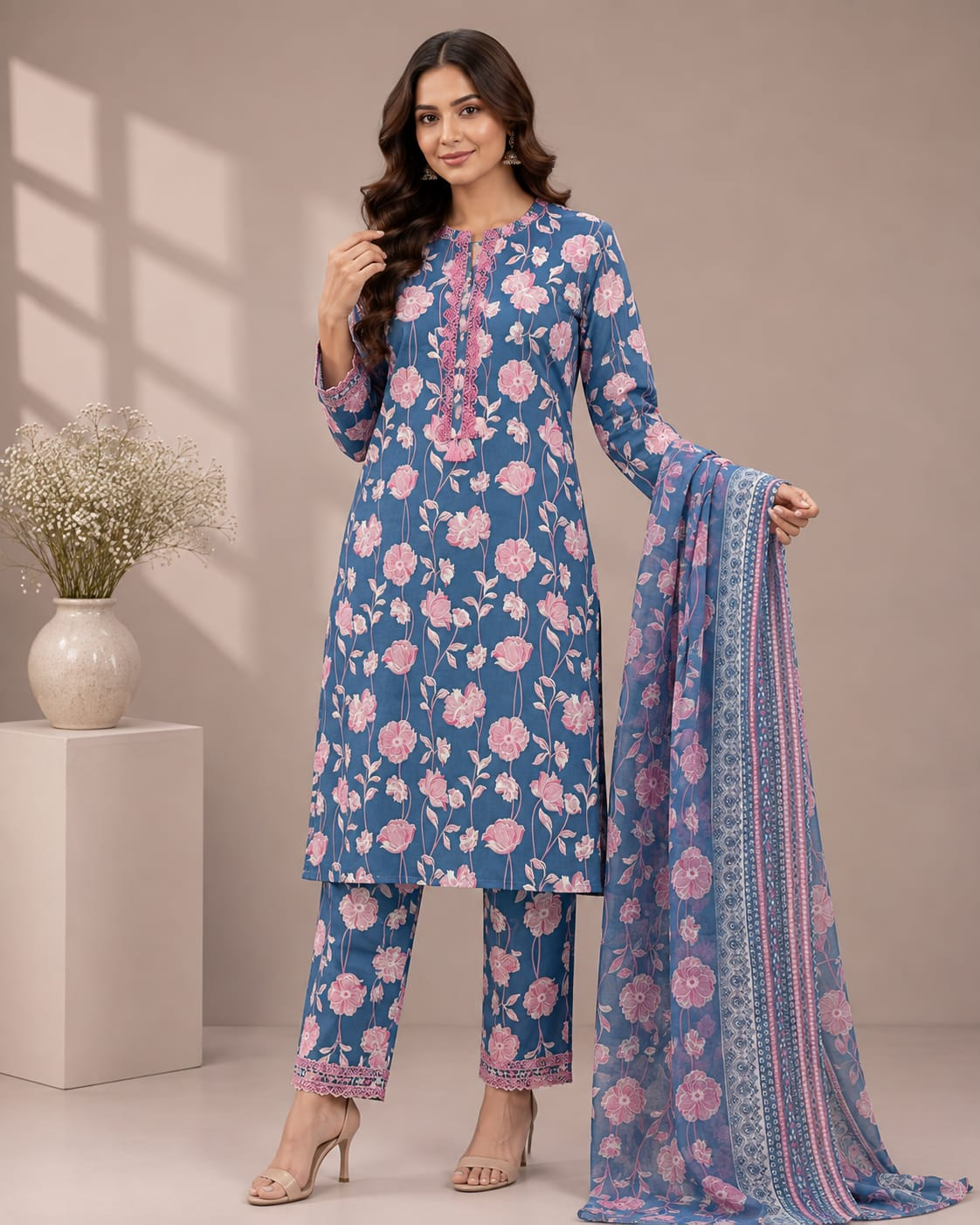 Women’s Blue Floral Printed Jam Satin Unstitched Suit Set with Embroidered Neck, Matching Bottom & Printed Dupatta