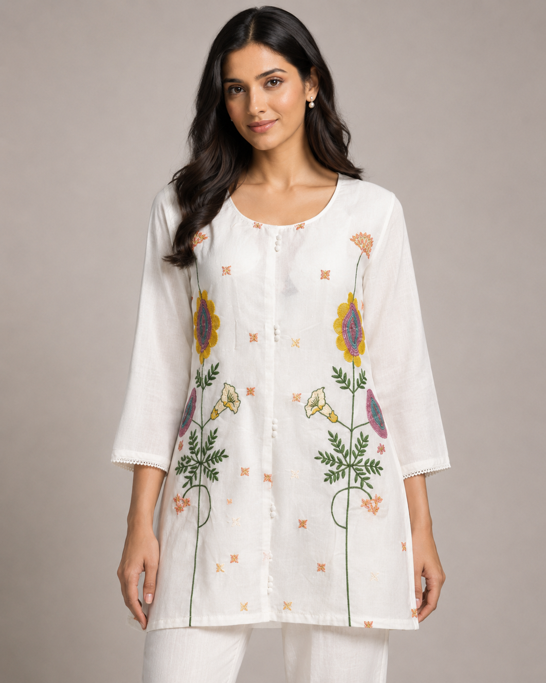 Women’s White Floral Embroidered Mul Chanderi Co-Ord Set with Matching Pants